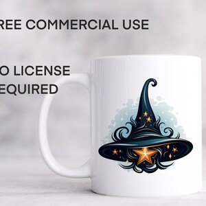 May include: White ceramic mug featuring a whimsical illustration of a witch's hat. The hat is dark blue with gold stars and a large gold star at the center. The mug also has the text "FREE COMMERCIAL USE" and "NO LICENSE REQUIRED".