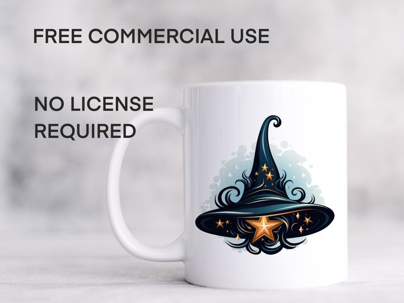 May include: White ceramic mug featuring a whimsical illustration of a witch's hat. The hat is dark blue with gold stars and a large gold star at the center. The mug also has the text "FREE COMMERCIAL USE" and "NO LICENSE REQUIRED".