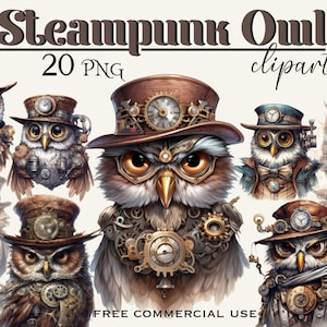 Steampunk Eule Clipart, Fantasy Vogel Charakter Porträts Bundle, Steampunk moderne Kunst Bilder Pack für Design, Collage etc, freie kommerzielle Nutzung