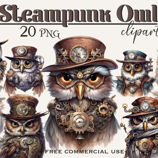 Clipart hibou steampunk, lot de portraits de personnage d'oiseau fantastique, pack d'images d'art moderne steampunk pour la conception, collage, etc., usage commercial gratuit