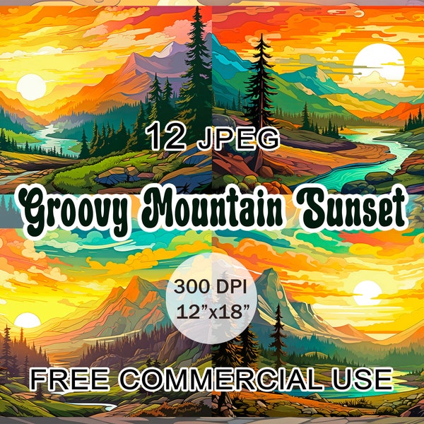 Groovy mountain sunset clipart, Psychedelic printable landscape art, Retro funky mountains images, Digital painting, Free commercial use