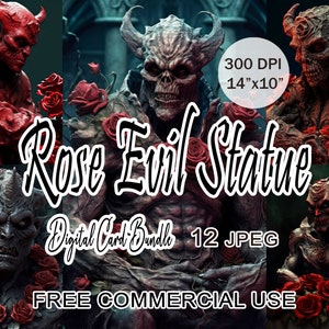 Clipart statue démon, clipart roses rouges, art gothique rose, art occulte sombre, art horreur fantastique, art satanique, art esthétique sombre rose gothique