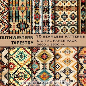 Ensemble de motifs sans couture tapisserie du sud-ouest, motif de tapis aztèque, lot de conception sans couture, fichiers imprimables esthétiques tribaux, paquet de papier numérique