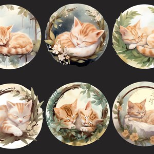Puede incluir: Seis ilustraciones de gatos tabby naranjas durmiendo en diferentes coronas de flores. Cada gato est&aacute; acurrucado en un sue&ntilde;o tranquilo, rodeado de vegetaci&oacute;n exuberante y flores delicadas.