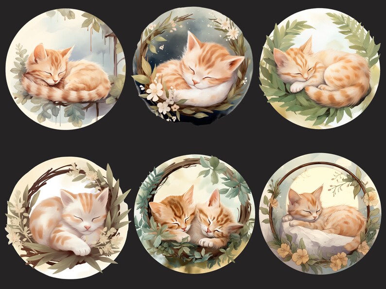 Puede incluir: Seis ilustraciones de gatos tabby naranjas durmiendo en diferentes coronas de flores. Cada gato est&aacute; acurrucado en un sue&ntilde;o tranquilo, rodeado de vegetaci&oacute;n exuberante y flores delicadas.