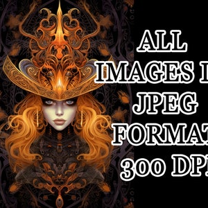 May include: A digital illustration of a woman with long, flowing red hair wearing a large, ornate hat with gold and orange accents. The background is a dark, intricate pattern.
