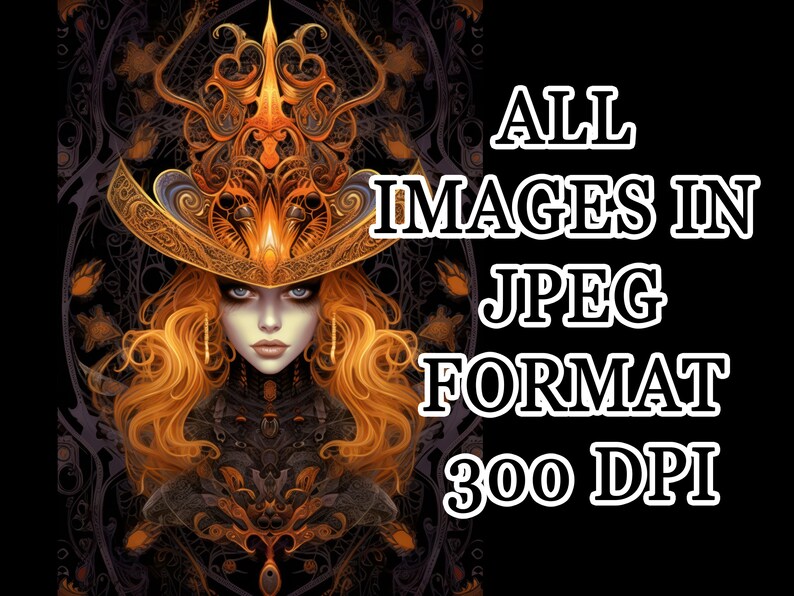 May include: A digital illustration of a woman with long, flowing red hair wearing a large, ornate hat with gold and orange accents. The background is a dark, intricate pattern.