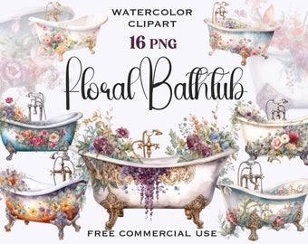 Imágenes prediseñadas de bañera de flores, paquete png de baño floral, imágenes de decoración del hogar, uso comercial gratuito para diseño, collage, impresiones, álbumes de recortes, etc.