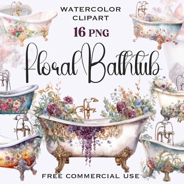 Flower bathtub clipart, Floral bathroom png bundle, Home decor images, Free commercial use for design, collage, prints, scrapbooking etc.