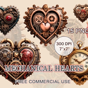 Paquete PNG de corazones mecánicos, corazón de San Valentín Steampunk, día de San Valentín PNG, Steampunk PNG, arte romántico de ciencia ficción, amor PNG