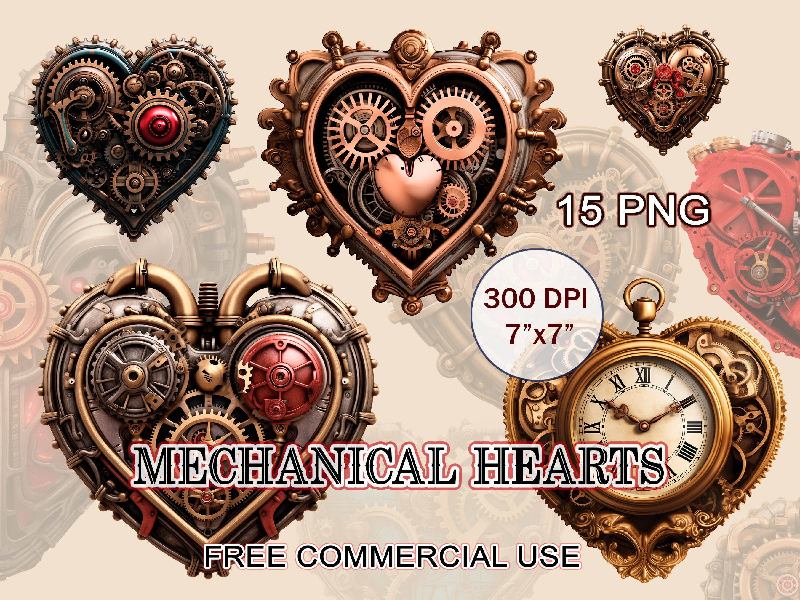 Mechanical Hearts PNG Bundle, Steampunk Valentine Heart Png