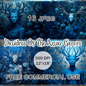 Druidessa dei boschi azzurri, Pacchetto di immagini di creature fantasy, Personaggio druido elfo femmina cornuto, Arte elfo dei boschi, Clipart di fiori blu