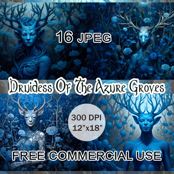 Druidess of the azure groves, Fantasy creature images bundle, Horned female elf druid character, Woodland elf art, Blue flower clipart
