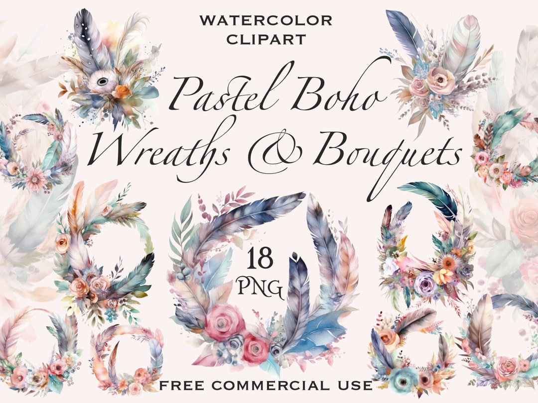 Pastel Boho Flower Wreath Clipart, Wedding Bouquet With Feathers Png ...