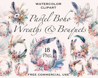 Pastel boho flower wreath clipart, Wedding bouquet with feathers png bundle, Floral decor, Free commercial use for design, prints etc.