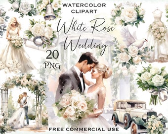 White rose wedding clipart, Wedding flower design png bundle, Watercolor roses images for invitations, cards etc., Free commercial use