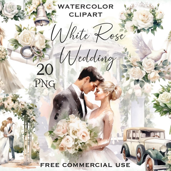 White rose wedding clipart, Wedding flower design png bundle, Watercolor roses images for invitations, cards etc., Free commercial use