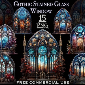 Gotische venster png-bundel, bloemen glasraam clipart, gotische bloemkunst, gotische kathedraal venster png, gratis commercieel gebruik png