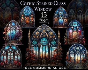 Gotisches Fenster png bündel, Blumenmalerei Glasfenster Clipart, gotische Blumenkunst, gotische Kathedrale Fenster png, kostenlose kommerzielle Nutzung png