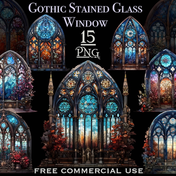 Gothic window png bundle, Floral stained glass window clipart, Gothic flower art, Gothic cathedral window png, Free commercial use png