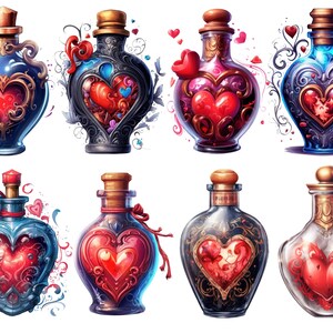 May include: Eight ornate glass bottles with heart-shaped stoppers filled with red liquid. The bottles are decorated with gold accents and intricate floral designs. Each bottle has a different design and color.