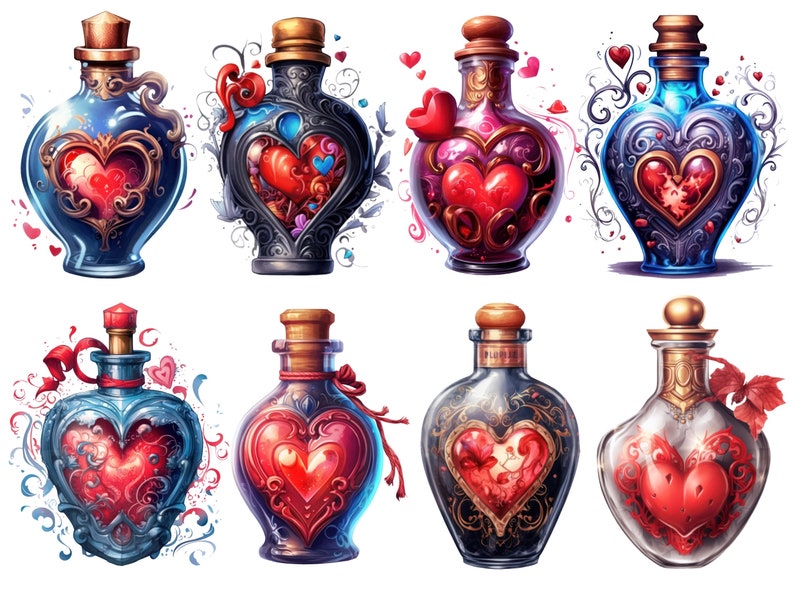 May include: Eight ornate glass bottles with heart-shaped stoppers filled with red liquid. The bottles are decorated with gold accents and intricate floral designs. Each bottle has a different design and color.