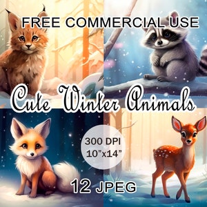 Animales lindos de invierno, imágenes prediseñadas de bosques nevados, imágenes de retratos de animales pintados, arte de paisajes de bosques, imágenes prediseñadas de animales lindos, uso comercial gratuito