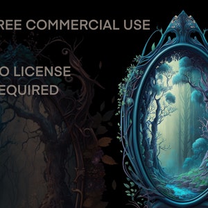 Puede incluir: Una ilustraci&oacute;n digital de una escena de bosque enmarcada en un marco adornado azul y verde. El texto "FREE COMMERCIAL USE NO LICENSE REQUIRED" se muestra sobre el marco.