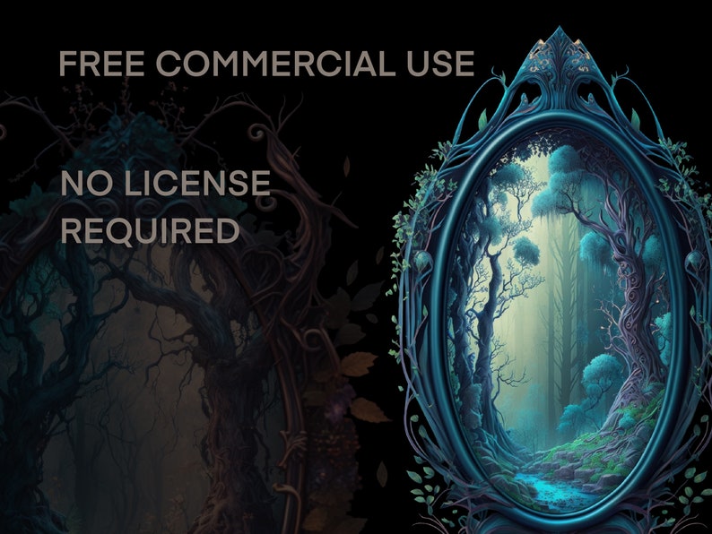 Puede incluir: Una ilustraci&oacute;n digital de una escena de bosque enmarcada en un marco adornado azul y verde. El texto "FREE COMMERCIAL USE NO LICENSE REQUIRED" se muestra sobre el marco.