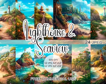 Fairy coastal clipart, Seaside & lighthouse landscape jpeg bundle with free commercial use, for design, scrapbooking, junk journal etc.