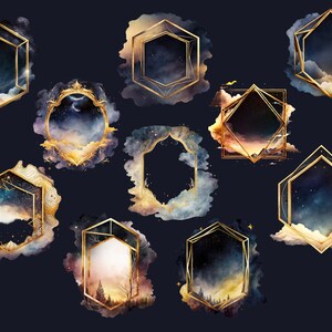Puede incluir: Diez marcos geom&eacute;tricos dorados con un fondo de acuarela de nubes y estrellas. Los marcos son perfectos para agregar un toque de elegancia a cualquier proyecto.
