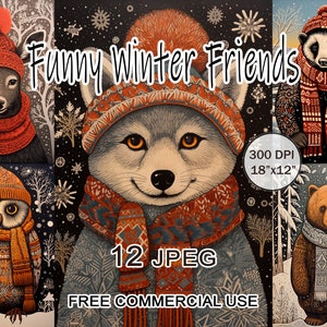 Funny winter animal clipart, Woodland animals character design, Winter graphics linocut art, Cute animal portrait clipart, Printable cards