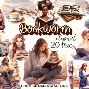 Bücherwurm Clipart, Aquarell Buchliebhaber PNG, süße lesende Mädchen Bilder bündeln, Buchclub Kunstwerk für Druck & Design, freie kommerzielle Nutzung