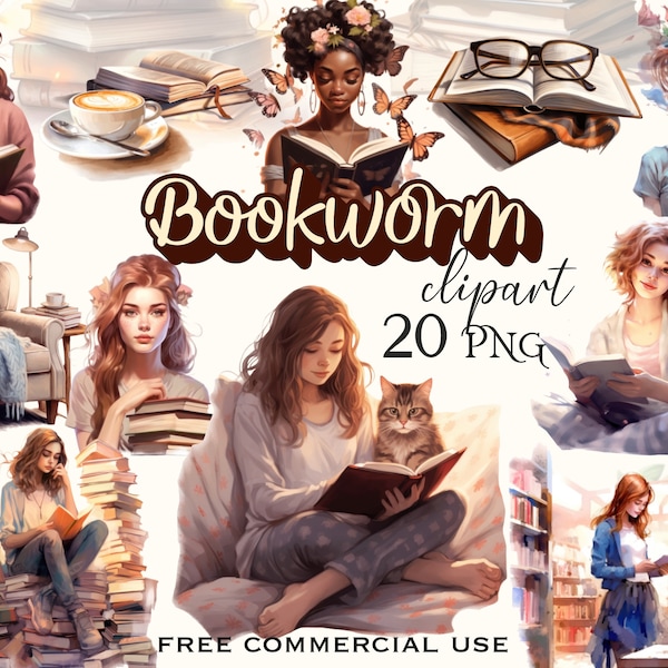 Bookworm clipart, Watercolor book lover png, Cute Reading girls images bundle, Book club artwork for print & design, Free commercial use