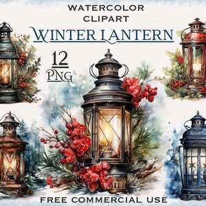 Kerstlantaarn PNG-bundel, aquarel kerst clipart, bloemen kerst png, winter clipart, nieuwjaar clipart, kerst illustraties