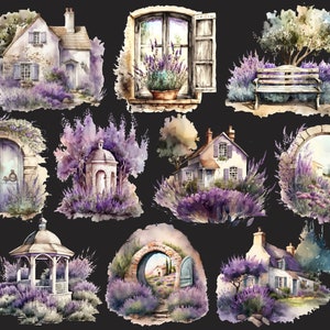 Pu&ograve; includere: Una collezione di illustrazioni ad acquerello che rappresentano campi di lavanda, cottage ed elementi da giardino. Le illustrazioni sono in stile vintage e presentano colori tenui e dettagli delicati.