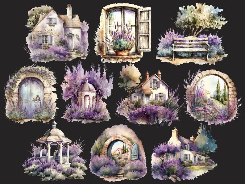 Pu&ograve; includere: Una collezione di illustrazioni ad acquerello che rappresentano campi di lavanda, cottage ed elementi da giardino. Le illustrazioni sono in stile vintage e presentano colori tenui e dettagli delicati.