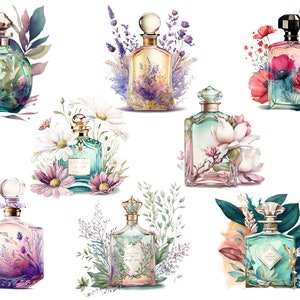 May include: A collection of eight perfume bottles with floral accents. The bottles are various shapes and sizes, with different colored liquids inside. Each bottle is surrounded by flowers, such as lavender, daisies, and poppies.