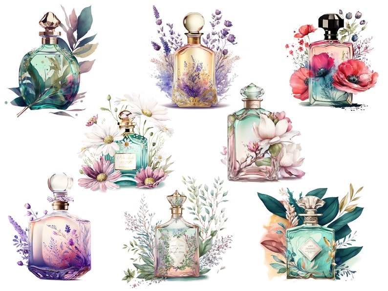May include: A collection of eight perfume bottles with floral accents. The bottles are various shapes and sizes, with different colored liquids inside. Each bottle is surrounded by flowers, such as lavender, daisies, and poppies.