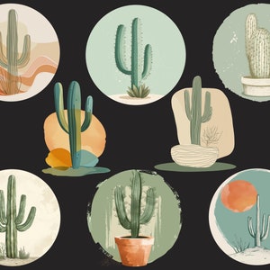 May include: Nine illustrations of cacti in different styles. Each cactus is depicted in a circle with a background of various colours and textures. The cacti are green and brown, with some having white accents.