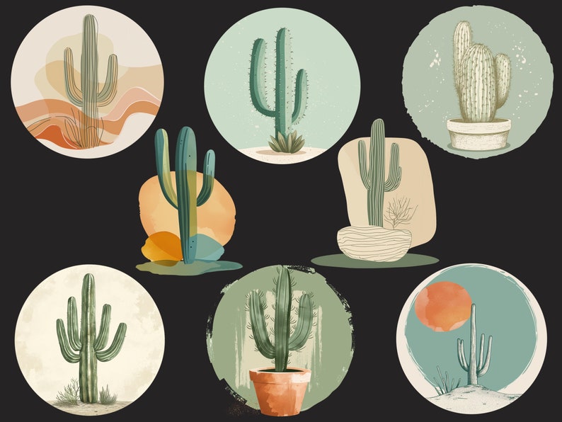 May include: Nine illustrations of cacti in different styles. Each cactus is depicted in a circle with a background of various colours and textures. The cacti are green and brown, with some having white accents.