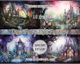 Dark Fairy Tale Fantasy Art Bundle, Watercolor Enchanted forest clipart, Magic fairy tale landscape, Fairy forest, Night in the woods images