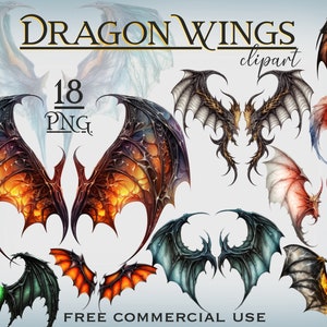 May include: A set of 18 digital clipart images of dragon wings in various colours and styles. The wings are detailed and intricate, with a variety of textures and patterns. The text "DRAGON WINGS clipart" and "18 PNG" are visible in the image.  Free commercial use.