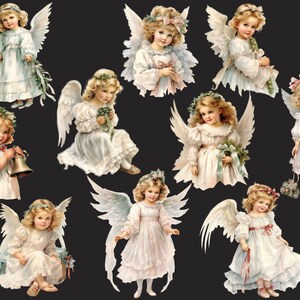 Puede incluir: Una colecci&oacute;n de ilustraciones de &aacute;ngeles de estilo vintage. Cada &aacute;ngel tiene cabello rubio, alas blancas y viste un vestido blanco. Algunos &aacute;ngeles sostienen flores, campanas o cintas. El fondo es de color negro s&oacute;lido.