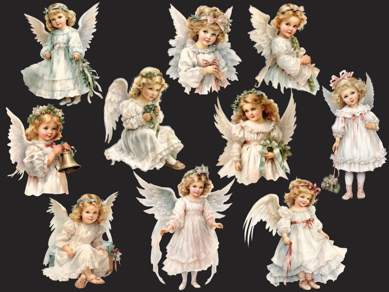 Puede incluir: Una colecci&oacute;n de ilustraciones de &aacute;ngeles de estilo vintage. Cada &aacute;ngel tiene cabello rubio, alas blancas y viste un vestido blanco. Algunos &aacute;ngeles sostienen flores, campanas o cintas. El fondo es de color negro s&oacute;lido.