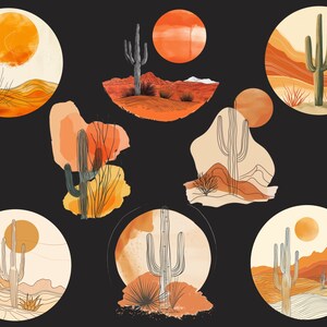May include: A set of 8 digital illustrations featuring cacti in a desert landscape with watercolor elements. The illustrations are in a minimalist style with a black background and feature orange, yellow, and brown colors.