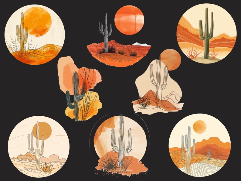 May include: A set of 8 digital illustrations featuring cacti in a desert landscape with watercolor elements. The illustrations are in a minimalist style with a black background and feature orange, yellow, and brown colors.