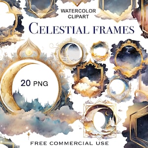 Arte del cielo nocturno, clipart de marco, borde dorado png, png celestial, png de luna, clipart de marco, png de marco, clipart de fantasía, arte de nubes, clipart dorado