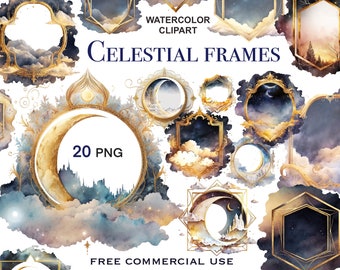 Night sky art, Frame clipart, Gold border png, Celestial png, Moon png, Frame clipart, Frame png, Fantasy clipart, Cloud art, Gold clipart