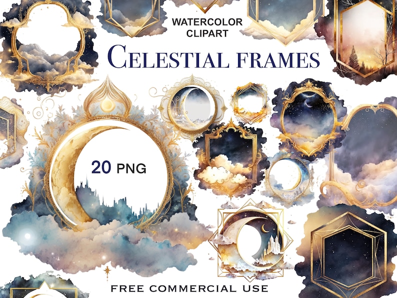 Puede incluir: Un conjunto de 20 marcos celestiales con ilustraciones de acuarela de lunas, nubes y estrellas. Los marcos son de color dorado y tienen un estilo vintage y ornamentado. El texto "WATERCOLOR CLIPART CELESTIAL FRAMES" est&aacute; en la parte superior de la imagen. El texto "20 PNG" est&aacute; en el centro de la imagen. El texto "FREE COMMERCIAL USE" est&aacute; en la parte inferior de la imagen.